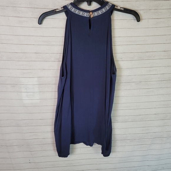 SOLITAIRE NAVY BLUE EMBROIDERED HALTER BLOUSE, SZ LARGE - Picture 2 of 8